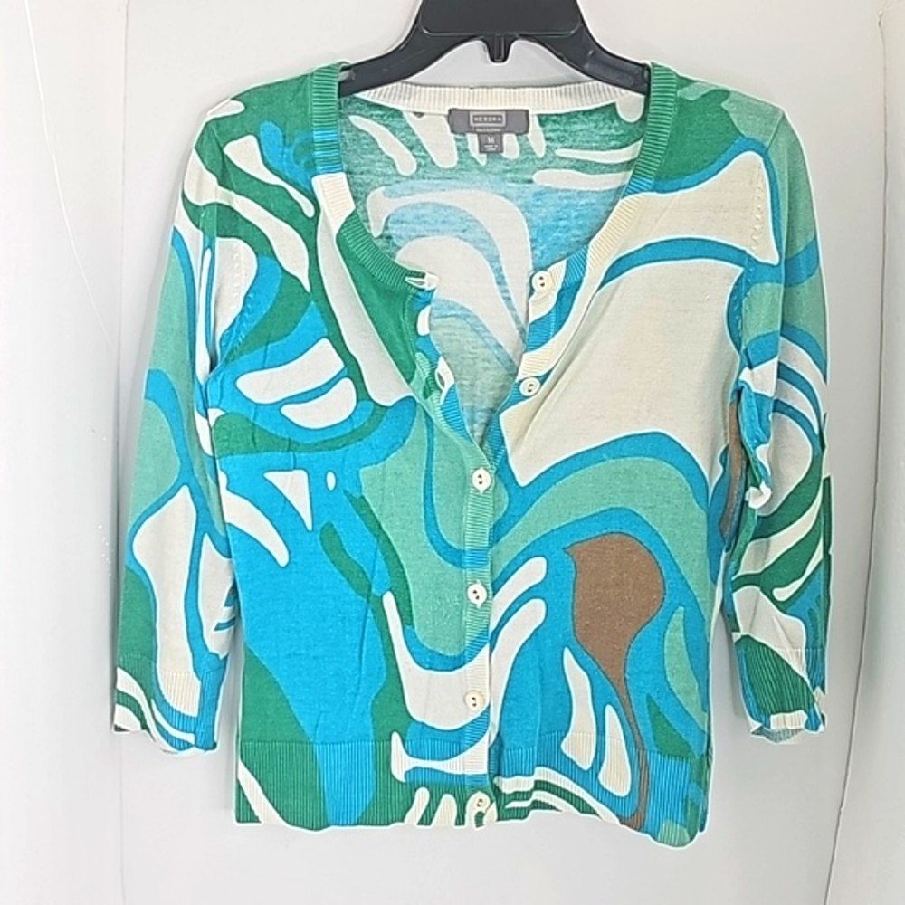 Merona Woman Cardigan, Size Medium, Color turquoise, white, green, brown - Picture 3 of 8